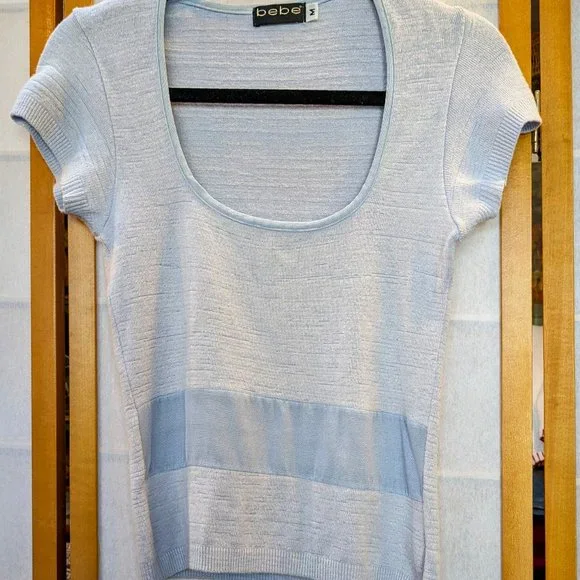 Vintage Y2K bebe Powder-Blue Cap Sleeve Peek-a-boo Sweater - Picture 6 of 13